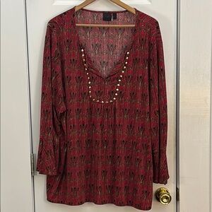 Elegant Red Patterned Women's 3X gold stud embellishment, ruffle sleeve